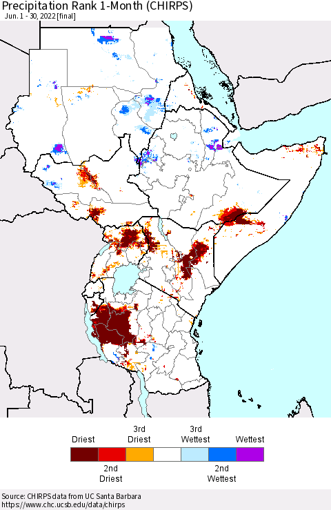Eastern Africa Precipitation Rank 1-Month (CHIRPS) Thematic Map For 6/1/2022 - 6/30/2022