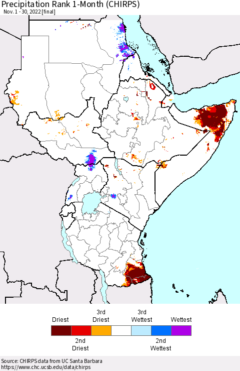 Eastern Africa Precipitation Rank since 1981, 1-Month (CHIRPS) Thematic Map For 11/1/2022 - 11/30/2022