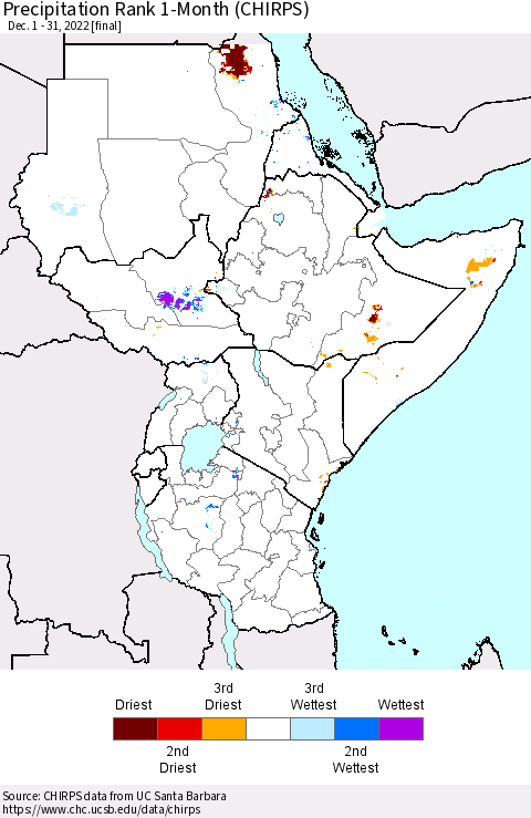 Eastern Africa Precipitation Rank since 1981, 1-Month (CHIRPS) Thematic Map For 12/1/2022 - 12/31/2022