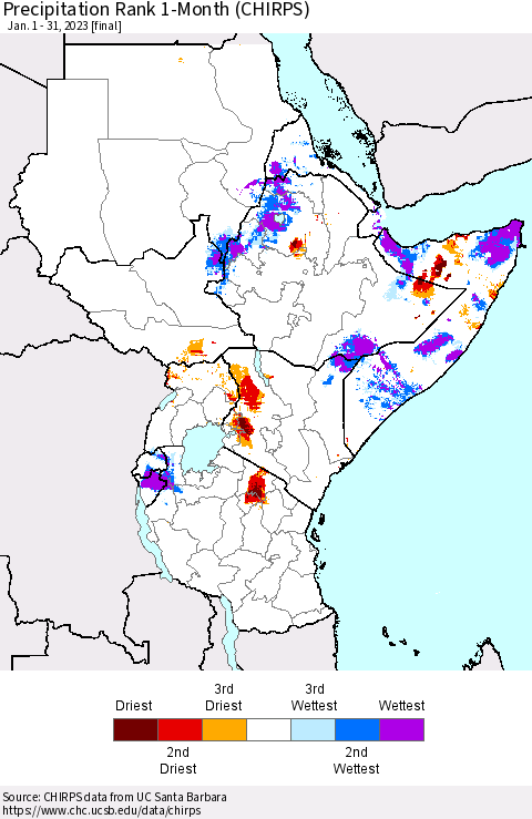 Eastern Africa Precipitation Rank since 1981, 1-Month (CHIRPS) Thematic Map For 1/1/2023 - 1/31/2023