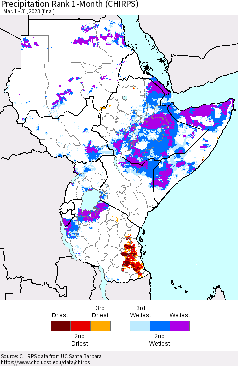 Eastern Africa Precipitation Rank since 1981, 1-Month (CHIRPS) Thematic Map For 3/1/2023 - 3/31/2023