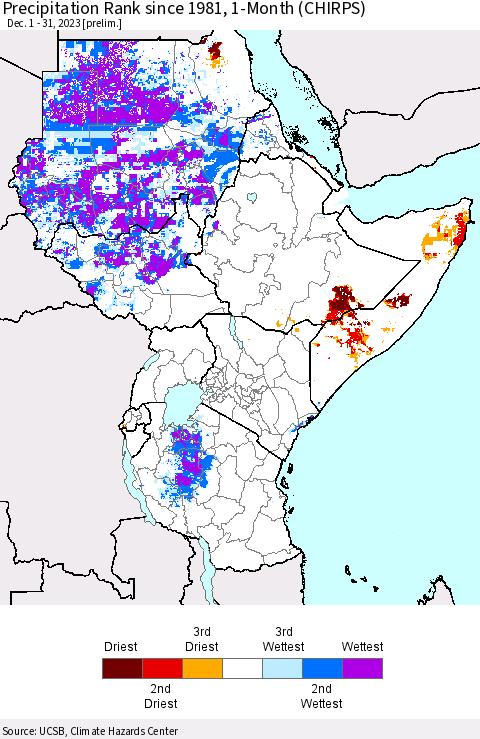 Eastern Africa Precipitation Rank since 1981, 1-Month (CHIRPS) Thematic Map For 12/1/2023 - 12/31/2023