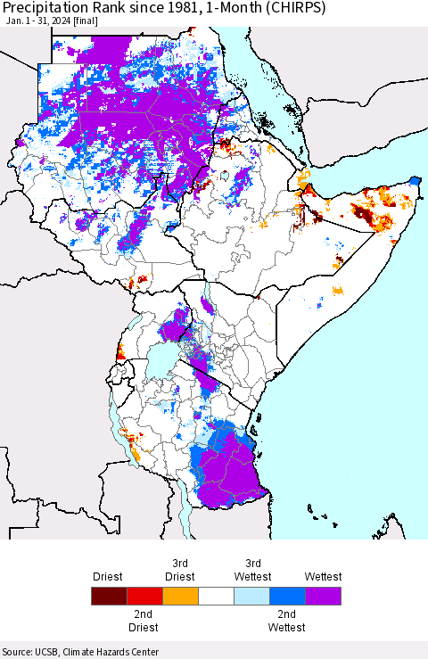 Eastern Africa Precipitation Rank since 1981, 1-Month (CHIRPS) Thematic Map For 1/1/2024 - 1/31/2024