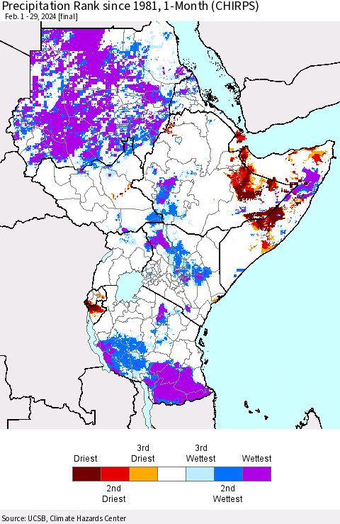 Eastern Africa Precipitation Rank since 1981, 1-Month (CHIRPS) Thematic Map For 2/1/2024 - 2/29/2024