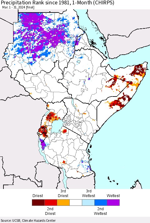 Eastern Africa Precipitation Rank since 1981, 1-Month (CHIRPS) Thematic Map For 3/1/2024 - 3/31/2024
