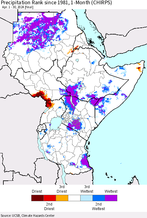 Eastern Africa Precipitation Rank since 1981, 1-Month (CHIRPS) Thematic Map For 4/1/2024 - 4/30/2024