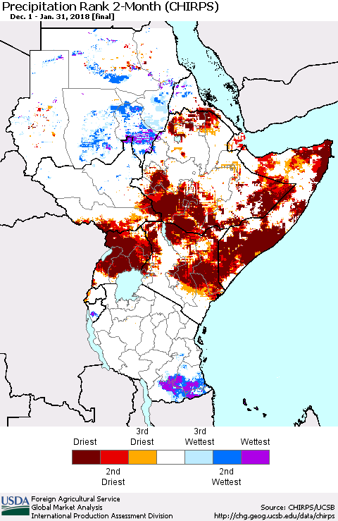 Eastern Africa Precipitation Rank since 1981, 2-Month (CHIRPS) Thematic Map For 12/1/2017 - 1/31/2018