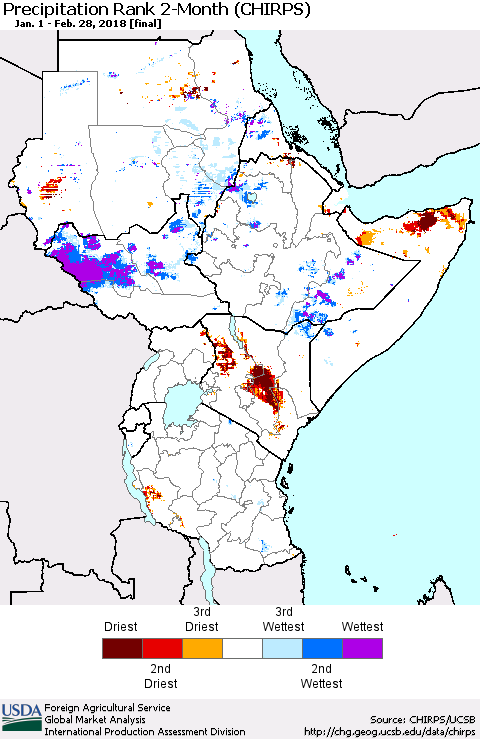 Eastern Africa Precipitation Rank since 1981, 2-Month (CHIRPS) Thematic Map For 1/1/2018 - 2/28/2018