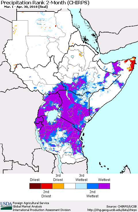 Eastern Africa Precipitation Rank since 1981, 2-Month (CHIRPS) Thematic Map For 3/1/2018 - 4/30/2018