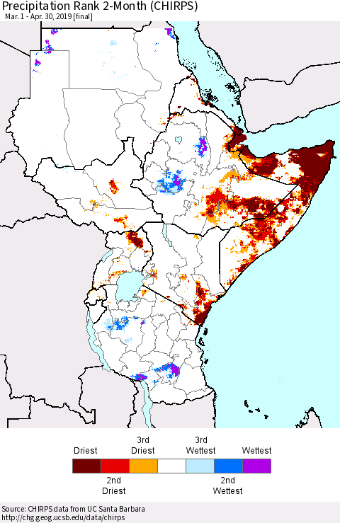 Eastern Africa Precipitation Rank since 1981, 2-Month (CHIRPS) Thematic Map For 3/1/2019 - 4/30/2019