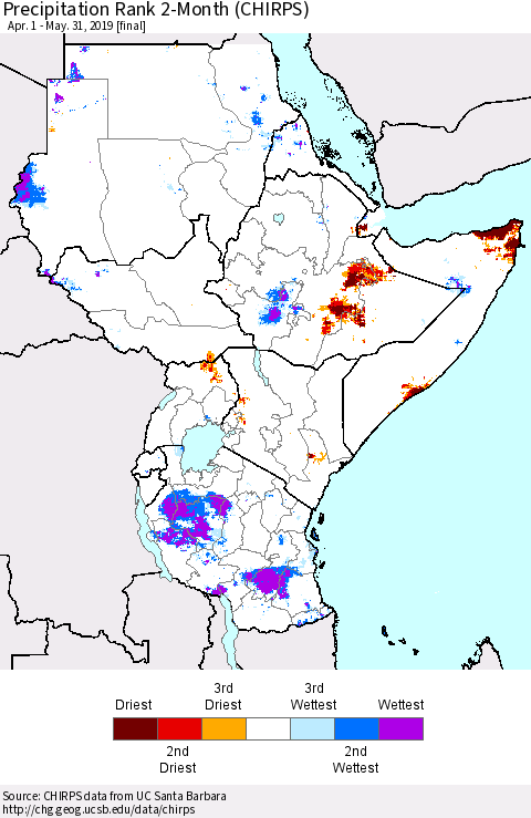 Eastern Africa Precipitation Rank since 1981, 2-Month (CHIRPS) Thematic Map For 4/1/2019 - 5/31/2019
