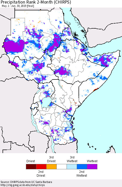 Eastern Africa Precipitation Rank since 1981, 2-Month (CHIRPS) Thematic Map For 5/1/2019 - 6/30/2019