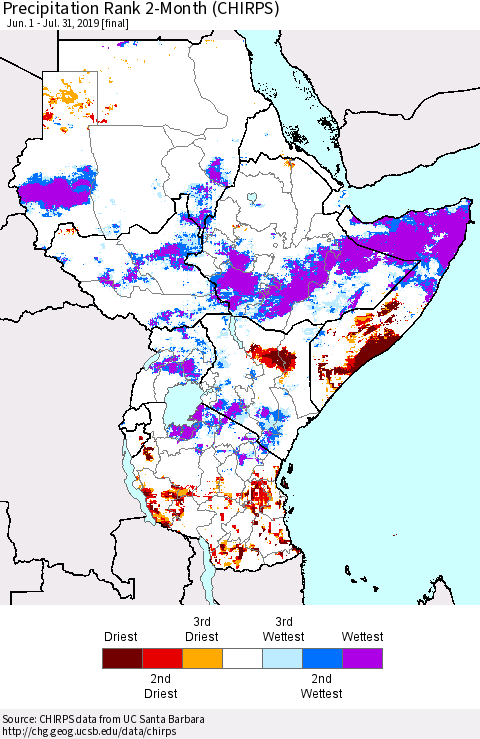 Eastern Africa Precipitation Rank since 1981, 2-Month (CHIRPS) Thematic Map For 6/1/2019 - 7/31/2019