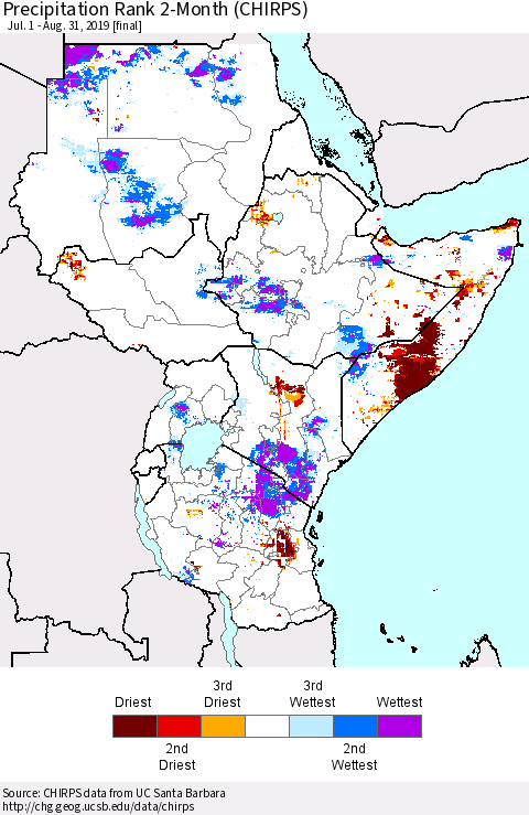 Eastern Africa Precipitation Rank since 1981, 2-Month (CHIRPS) Thematic Map For 7/1/2019 - 8/31/2019