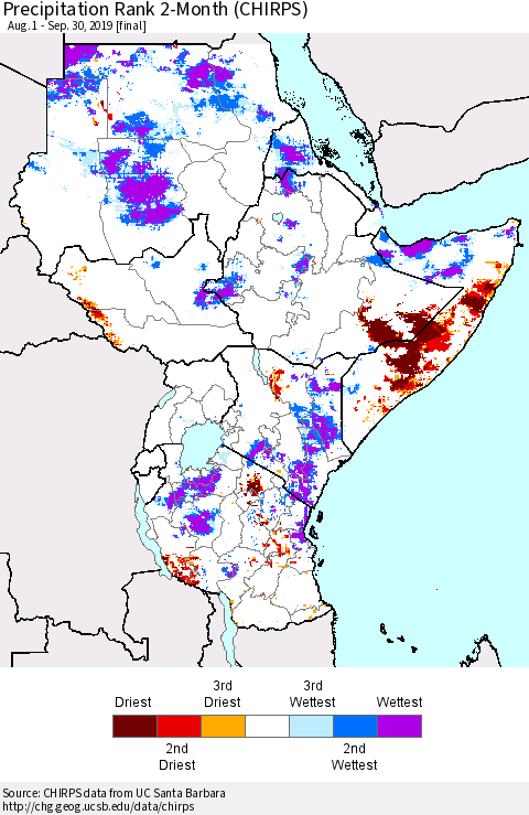 Eastern Africa Precipitation Rank since 1981, 2-Month (CHIRPS) Thematic Map For 8/1/2019 - 9/30/2019