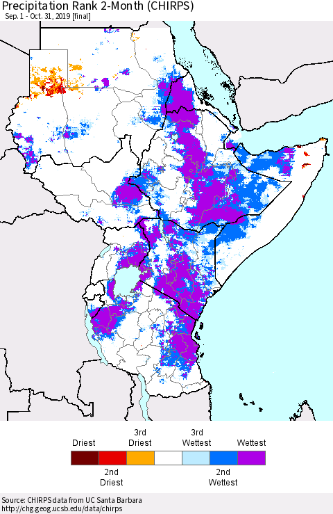 Eastern Africa Precipitation Rank since 1981, 2-Month (CHIRPS) Thematic Map For 9/1/2019 - 10/31/2019