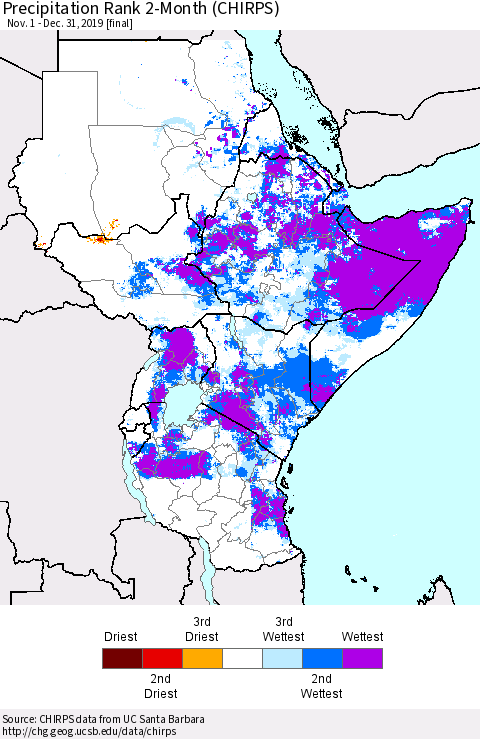 Eastern Africa Precipitation Rank since 1981, 2-Month (CHIRPS) Thematic Map For 11/1/2019 - 12/31/2019