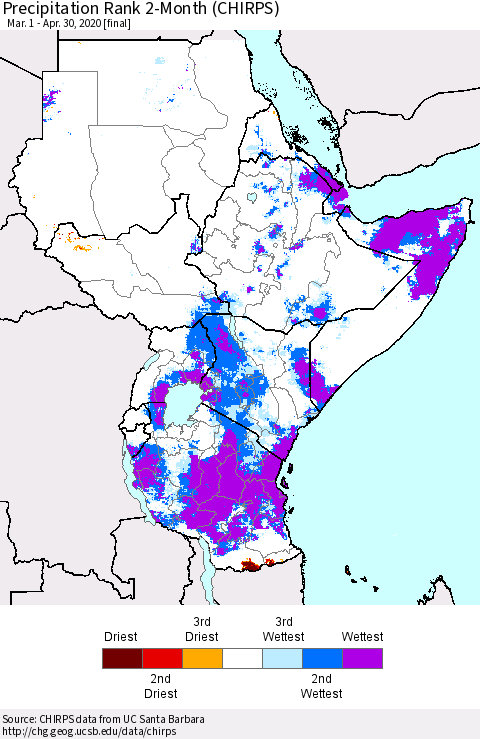 Eastern Africa Precipitation Rank 2-Month (CHIRPS) Thematic Map For 3/1/2020 - 4/30/2020