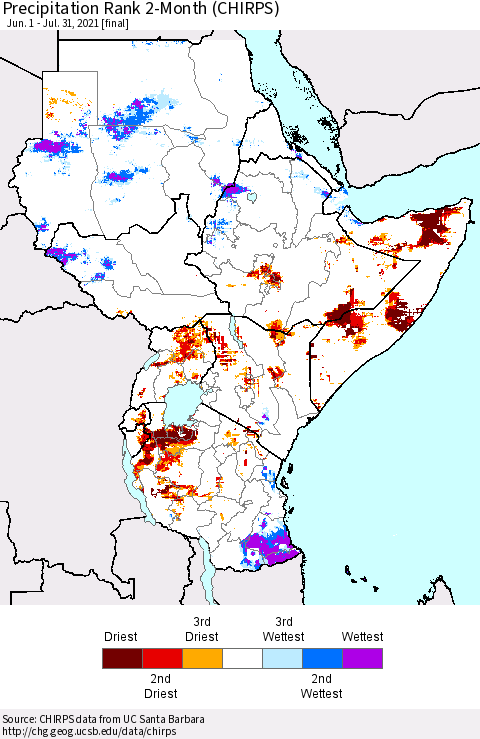 Eastern Africa Precipitation Rank 2-Month (CHIRPS) Thematic Map For 6/1/2021 - 7/31/2021