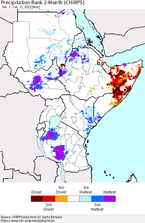 Eastern Africa Precipitation Rank 2-Month (CHIRPS) Thematic Map For 12/1/2021 - 1/31/2022