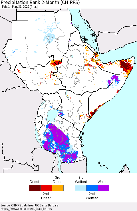 Eastern Africa Precipitation Rank since 1981, 2-Month (CHIRPS) Thematic Map For 2/1/2022 - 3/31/2022