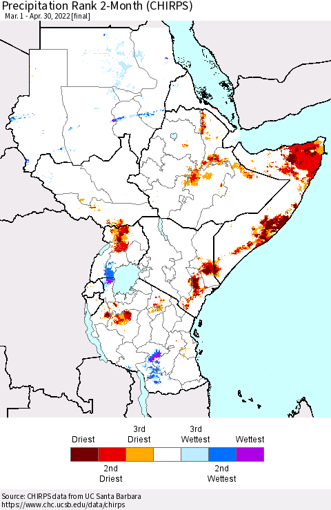 Eastern Africa Precipitation Rank since 1981, 2-Month (CHIRPS) Thematic Map For 3/1/2022 - 4/30/2022