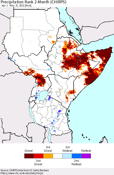Eastern Africa Precipitation Rank 2-Month (CHIRPS) Thematic Map For 4/1/2022 - 5/31/2022