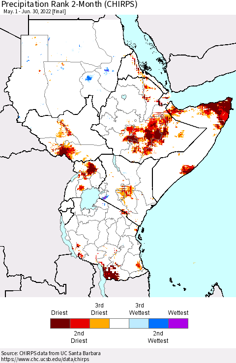 Eastern Africa Precipitation Rank 2-Month (CHIRPS) Thematic Map For 5/1/2022 - 6/30/2022