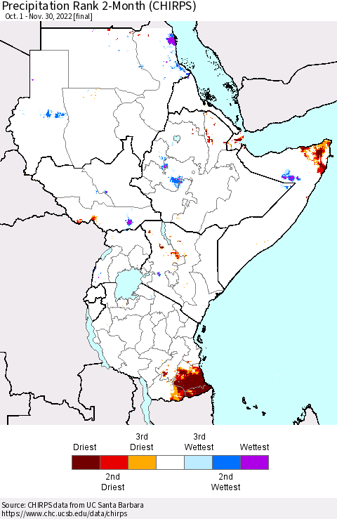 Eastern Africa Precipitation Rank since 1981, 2-Month (CHIRPS) Thematic Map For 10/1/2022 - 11/30/2022
