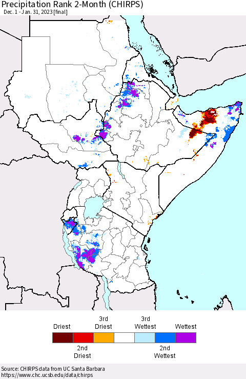 Eastern Africa Precipitation Rank since 1981, 2-Month (CHIRPS) Thematic Map For 12/1/2022 - 1/31/2023