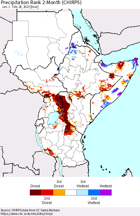 Eastern Africa Precipitation Rank since 1981, 2-Month (CHIRPS) Thematic Map For 1/1/2023 - 2/28/2023