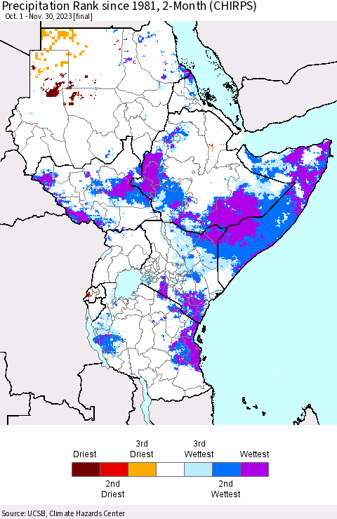 Eastern Africa Precipitation Rank since 1981, 2-Month (CHIRPS) Thematic Map For 10/1/2023 - 11/30/2023