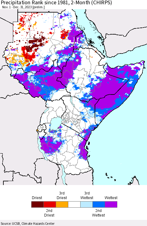 Eastern Africa Precipitation Rank since 1981, 2-Month (CHIRPS) Thematic Map For 11/1/2023 - 12/31/2023
