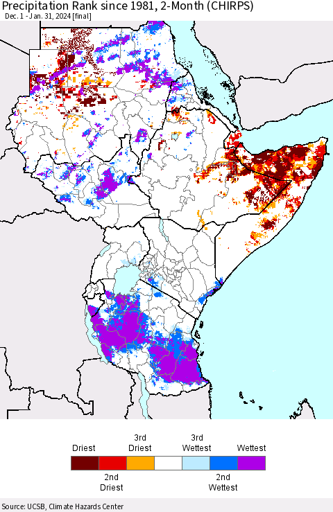 Eastern Africa Precipitation Rank since 1981, 2-Month (CHIRPS) Thematic Map For 12/1/2023 - 1/31/2024