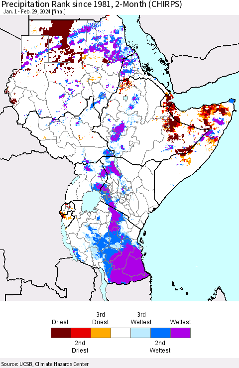 Eastern Africa Precipitation Rank since 1981, 2-Month (CHIRPS) Thematic Map For 1/1/2024 - 2/29/2024