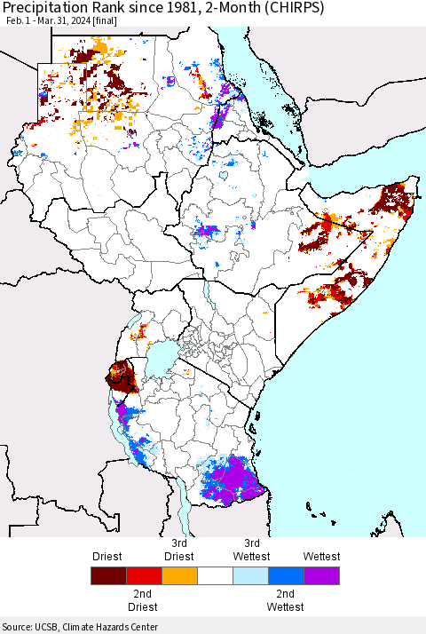 Eastern Africa Precipitation Rank since 1981, 2-Month (CHIRPS) Thematic Map For 2/1/2024 - 3/31/2024