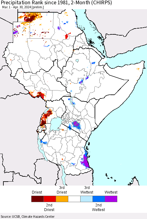 Eastern Africa Precipitation Rank since 1981, 2-Month (CHIRPS) Thematic Map For 3/1/2024 - 4/30/2024