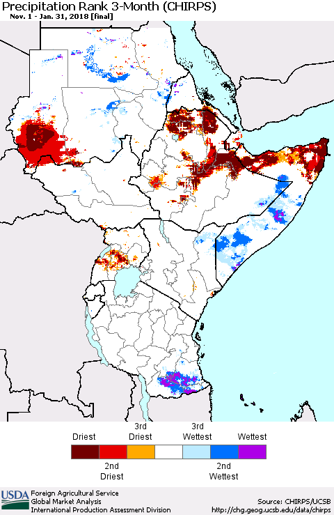 Eastern Africa Precipitation Rank since 1981, 3-Month (CHIRPS) Thematic Map For 11/1/2017 - 1/31/2018