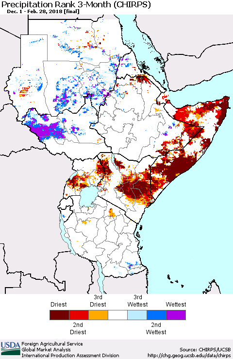 Eastern Africa Precipitation Rank since 1981, 3-Month (CHIRPS) Thematic Map For 12/1/2017 - 2/28/2018