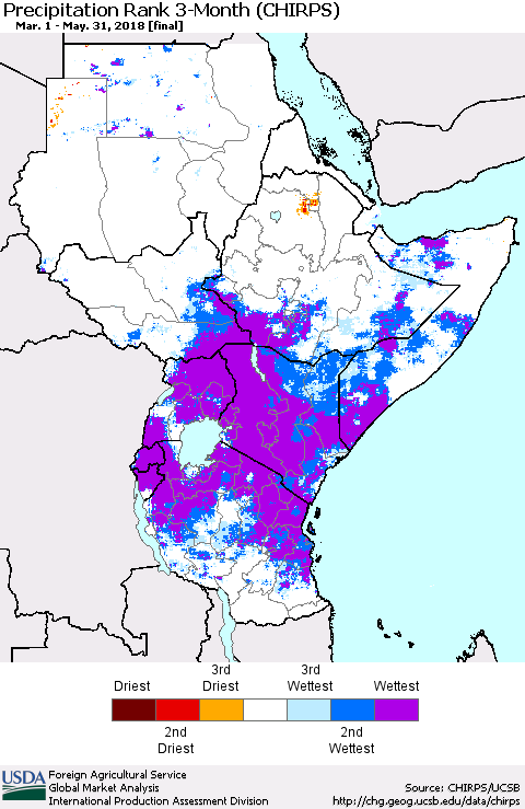 Eastern Africa Precipitation Rank since 1981, 3-Month (CHIRPS) Thematic Map For 3/1/2018 - 5/31/2018
