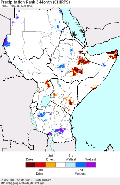 Eastern Africa Precipitation Rank since 1981, 3-Month (CHIRPS) Thematic Map For 3/1/2019 - 5/31/2019