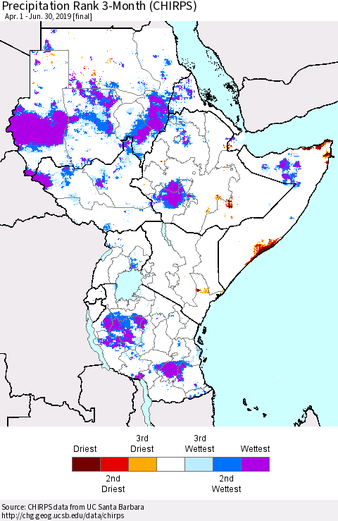 Eastern Africa Precipitation Rank since 1981, 3-Month (CHIRPS) Thematic Map For 4/1/2019 - 6/30/2019
