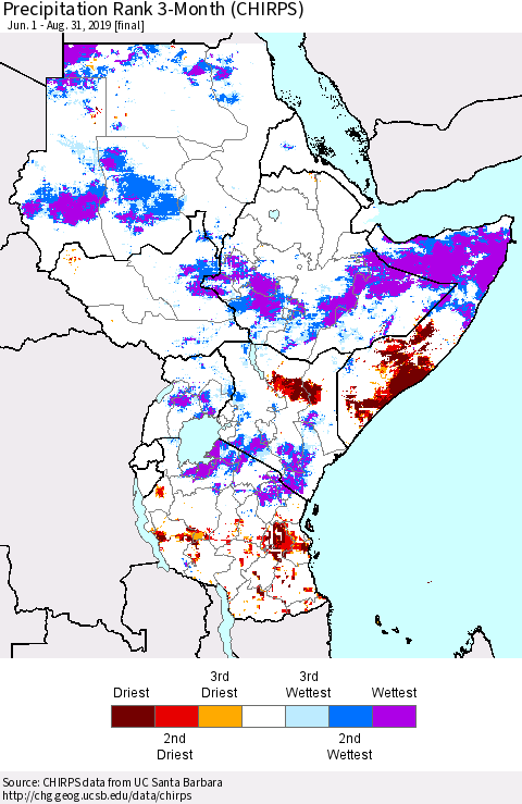 Eastern Africa Precipitation Rank since 1981, 3-Month (CHIRPS) Thematic Map For 6/1/2019 - 8/31/2019