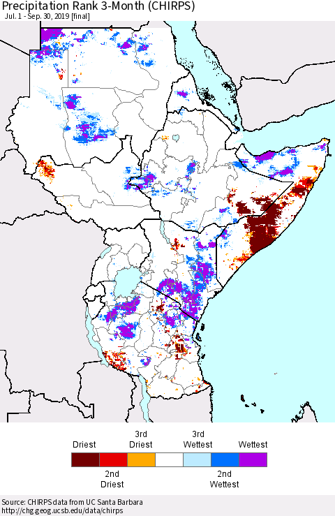 Eastern Africa Precipitation Rank since 1981, 3-Month (CHIRPS) Thematic Map For 7/1/2019 - 9/30/2019