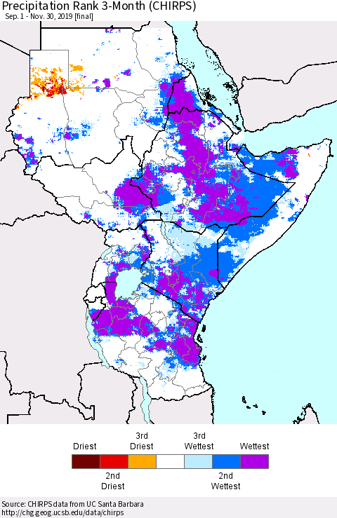 Eastern Africa Precipitation Rank since 1981, 3-Month (CHIRPS) Thematic Map For 9/1/2019 - 11/30/2019