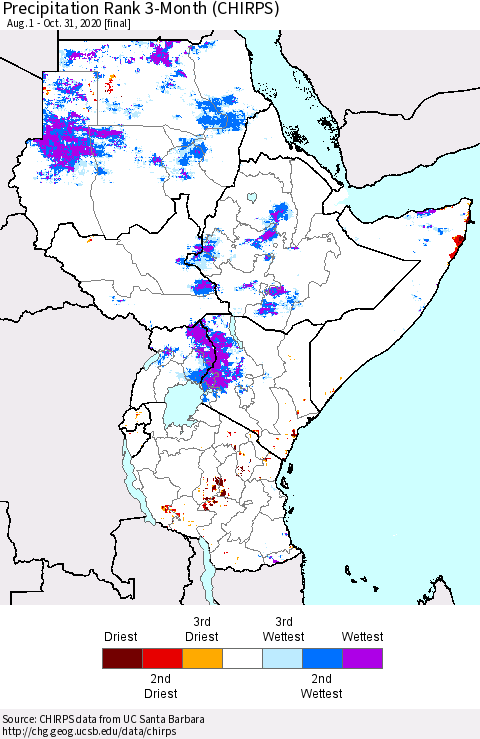 Eastern Africa Precipitation Rank 3-Month (CHIRPS) Thematic Map For 8/1/2020 - 10/31/2020