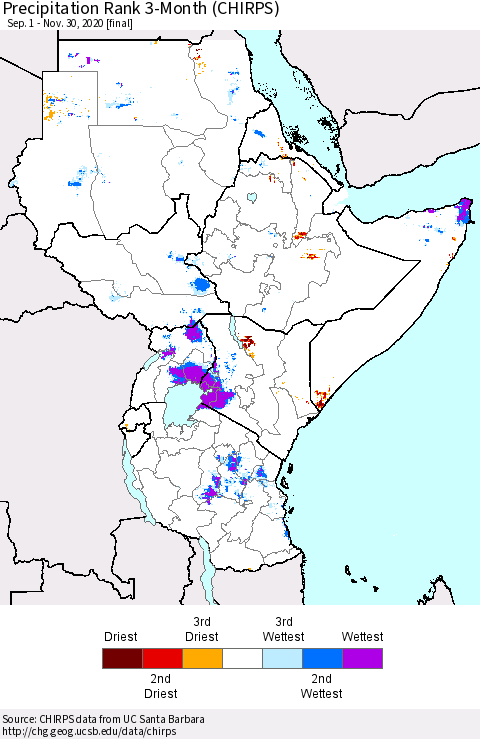 Eastern Africa Precipitation Rank 3-Month (CHIRPS) Thematic Map For 9/1/2020 - 11/30/2020