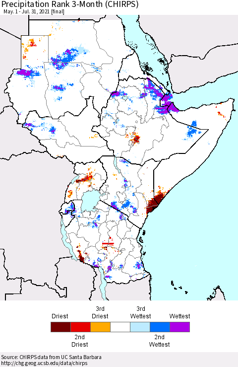 Eastern Africa Precipitation Rank 3-Month (CHIRPS) Thematic Map For 5/1/2021 - 7/31/2021