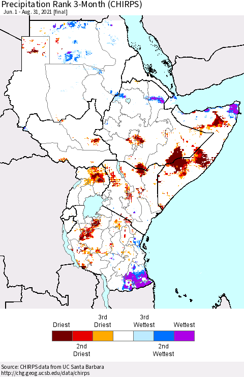 Eastern Africa Precipitation Rank 3-Month (CHIRPS) Thematic Map For 6/1/2021 - 8/31/2021