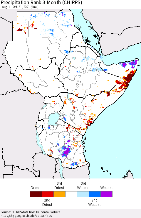 Eastern Africa Precipitation Rank 3-Month (CHIRPS) Thematic Map For 8/1/2021 - 10/31/2021